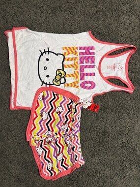 Hello Kitty White Tank and Multicolored Zigzag Shorts Set with Pink Trim